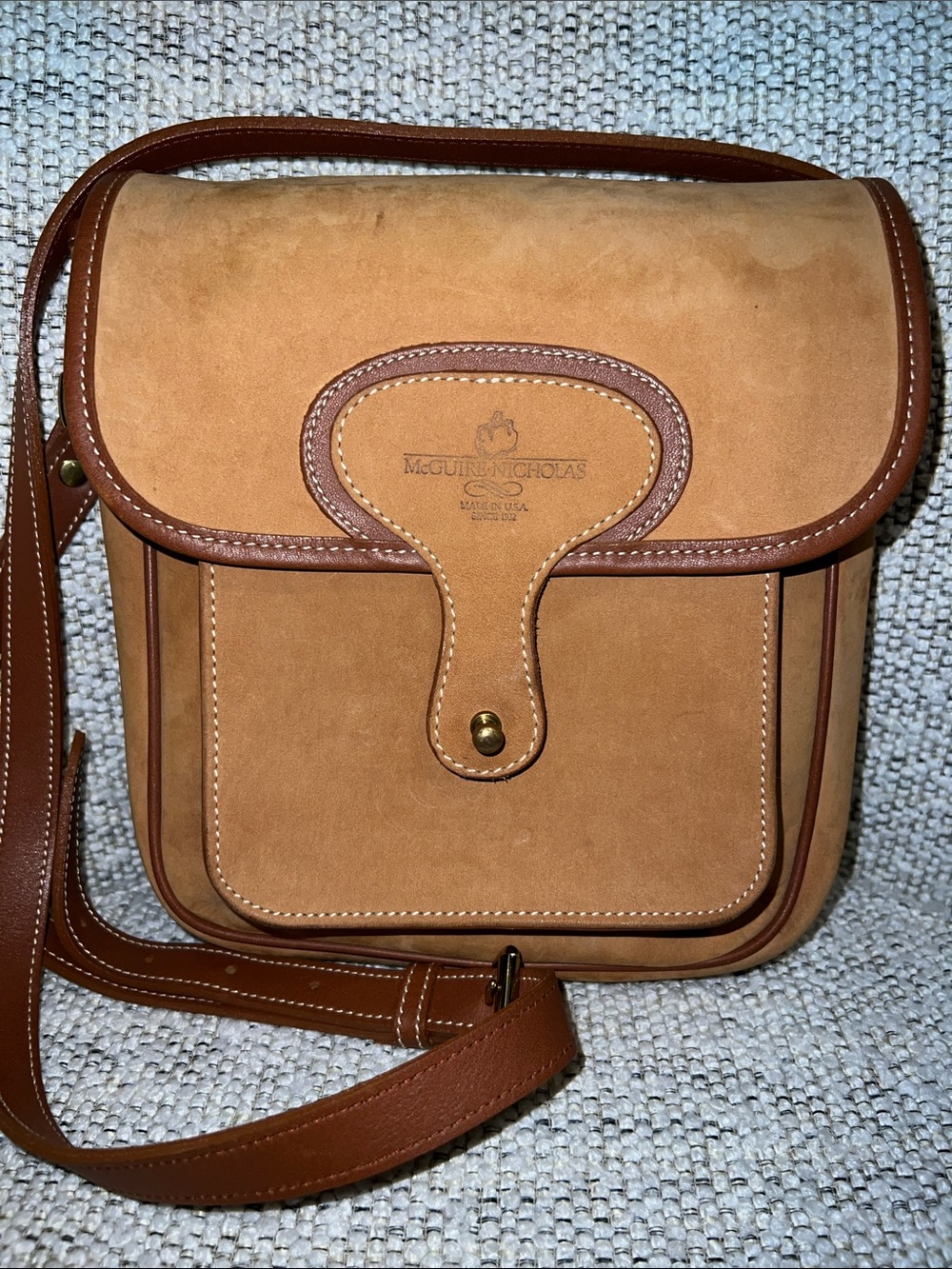 McGuire Nicholas Leather Suede Lined Crossbody Purse Flap Close Gold Hardware.